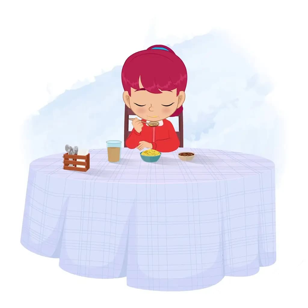 A red hair girl animated cartoon character eating breakfast aka rose