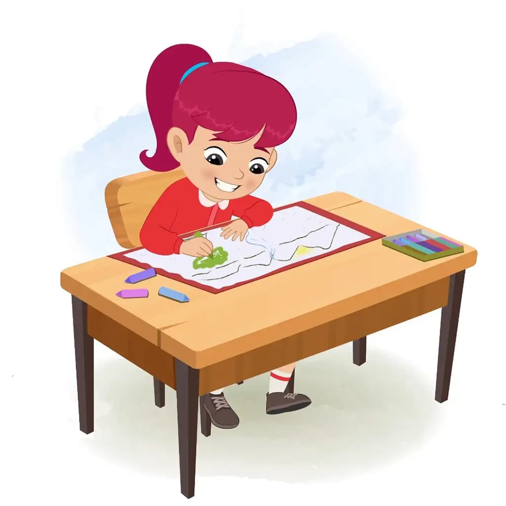 A red hair girl is sitting at a table with some crayons and coloring on the paper aka rose