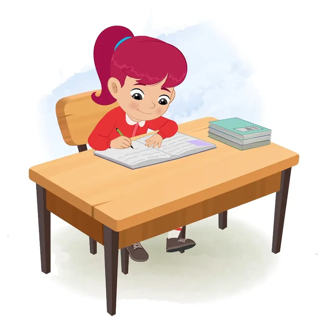 A red hair girl doing homework and sitting on the table animated cartoon character aka rose