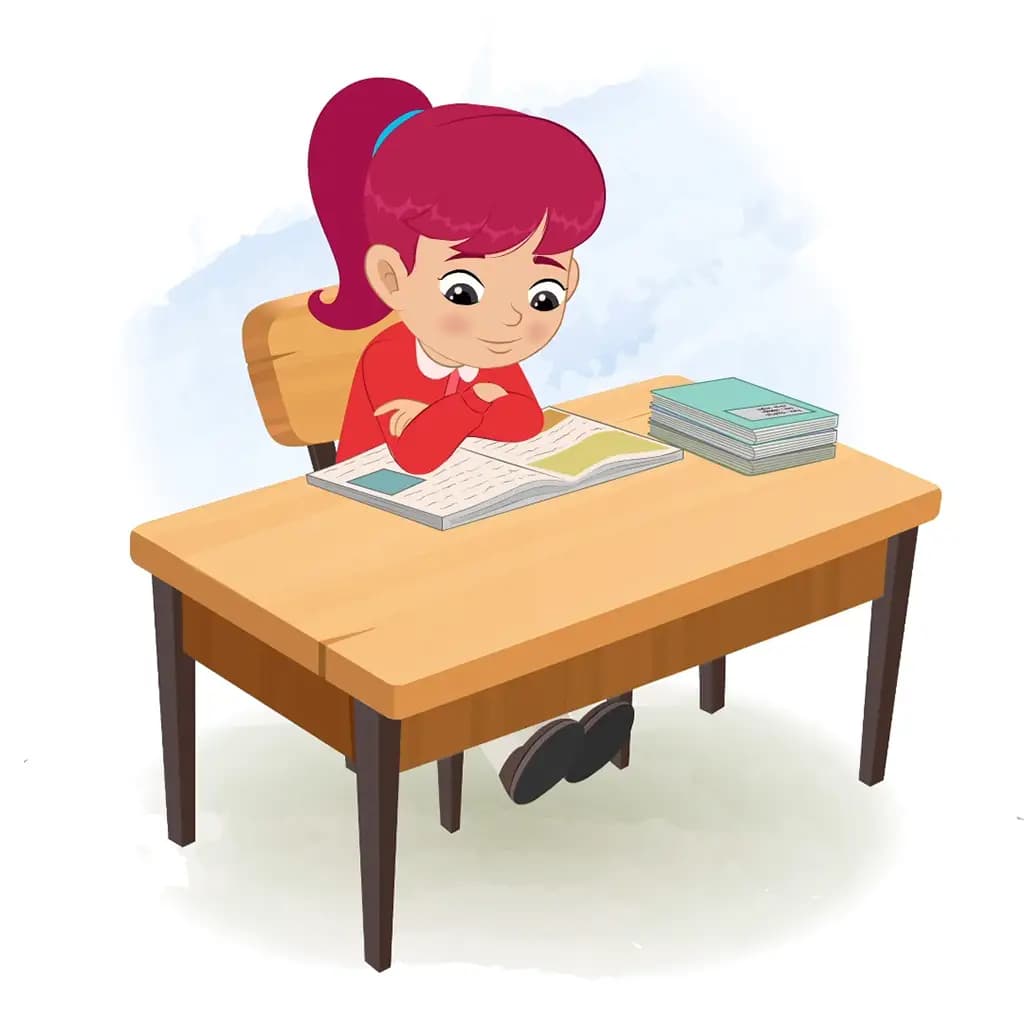 A red hair girl reading a book and sitting on the table animated cartoon character aka rose
