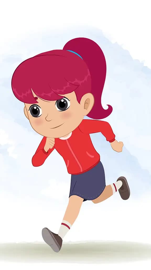 A red hair girl running three quarter view animated cartoon character aka rose 3/4