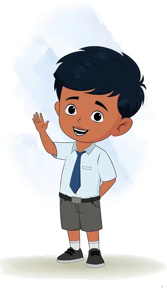 An Indian school boy saying hi animated cartoon character aka arun
