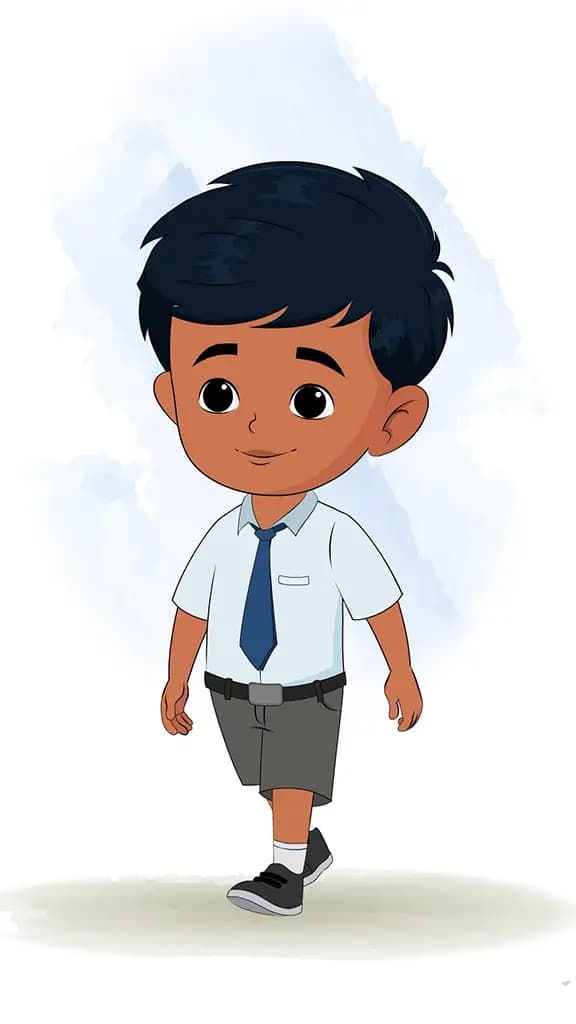 An Indian school boy 3/4 front view/three quarter view walking animated cartoon character aka arun