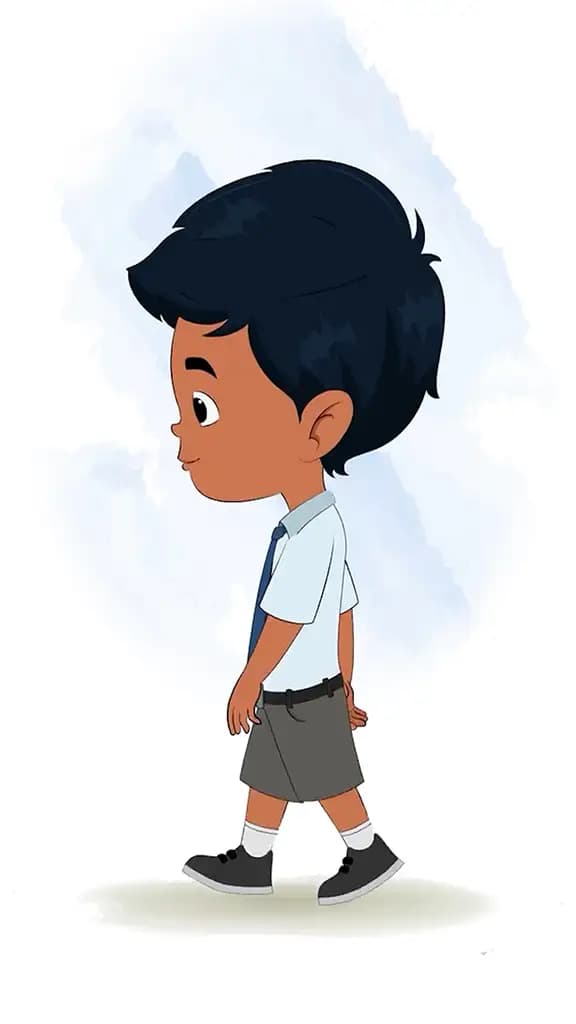 An Indian school boy walking side view animated cartoon character aka arun