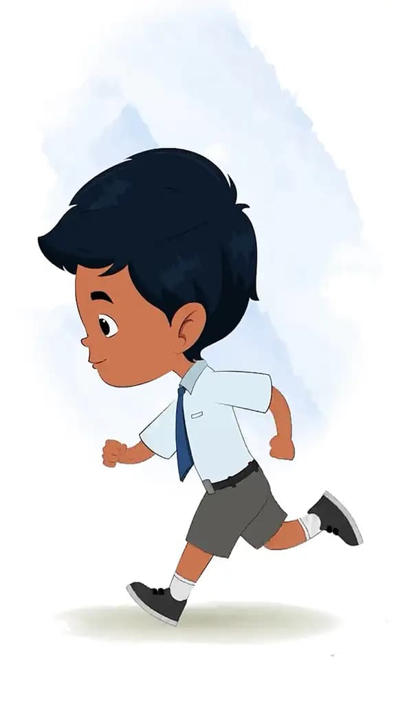 An Indian school boy running fast side view animated cartoon character aka arun