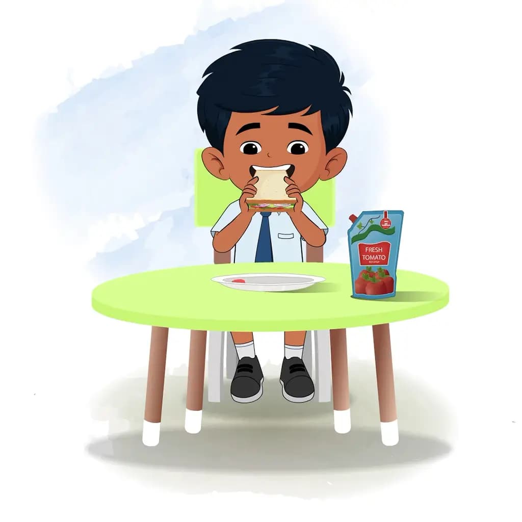 An Indian school boy animated cartoon character sitting at a table and eating a sandwich aka arun