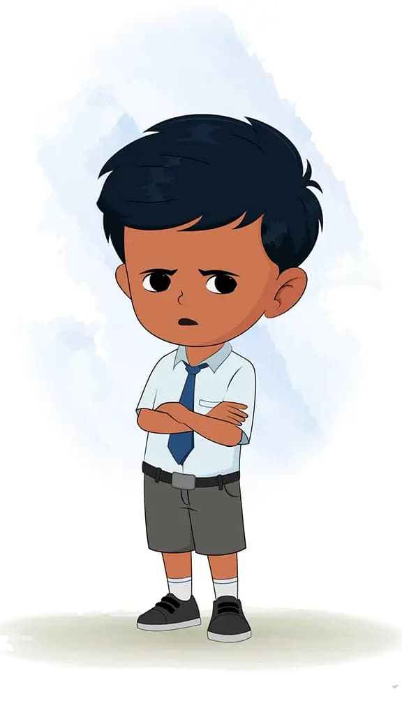 An annoyed Indian school boy animated cartoon character aka arun 3/4