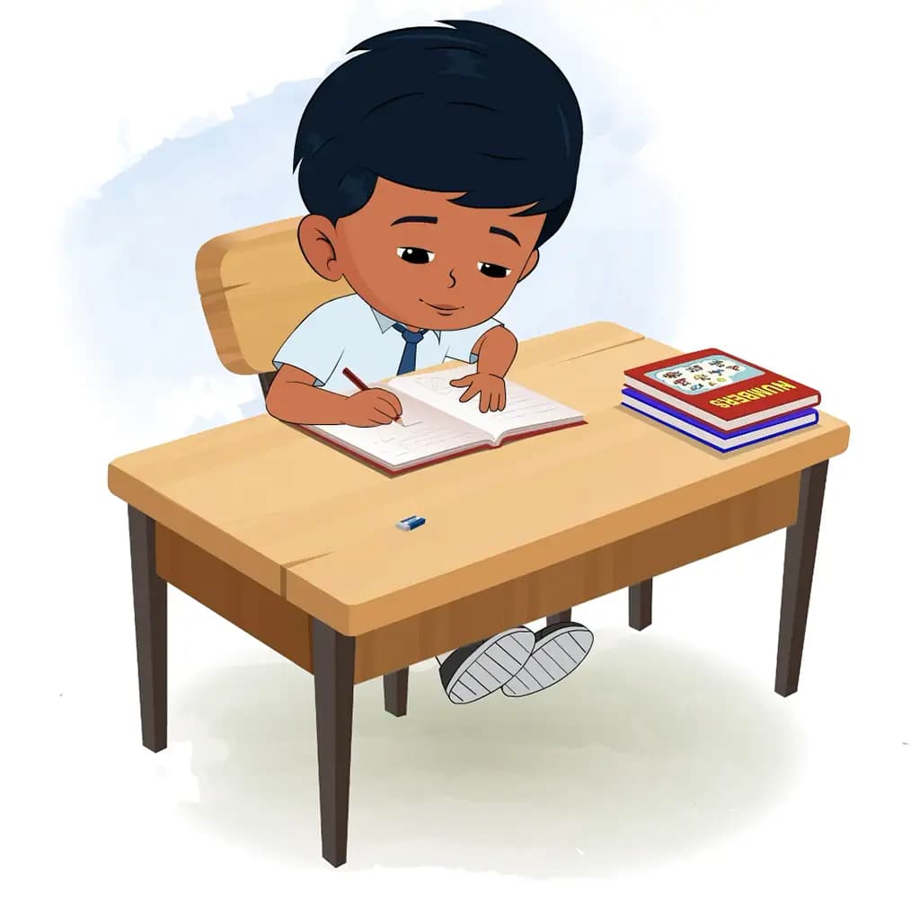 An Indian school boy doing homework and sitting on the table animated cartoon character aka arun
