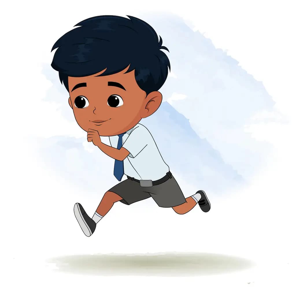 An Indian school boy running three quarter view animated cartoon character aka arun