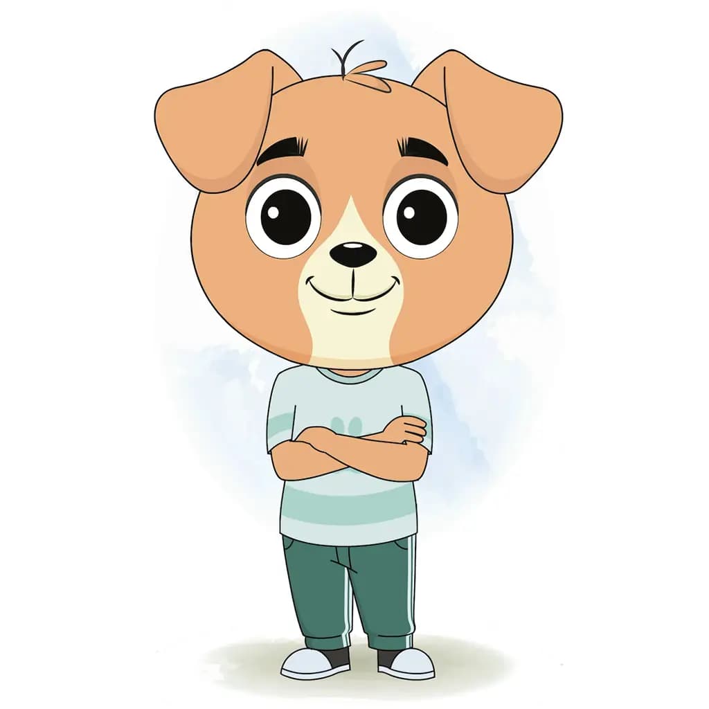 A dog standing with cross hand and talking animated cartoon character aka drag the dog