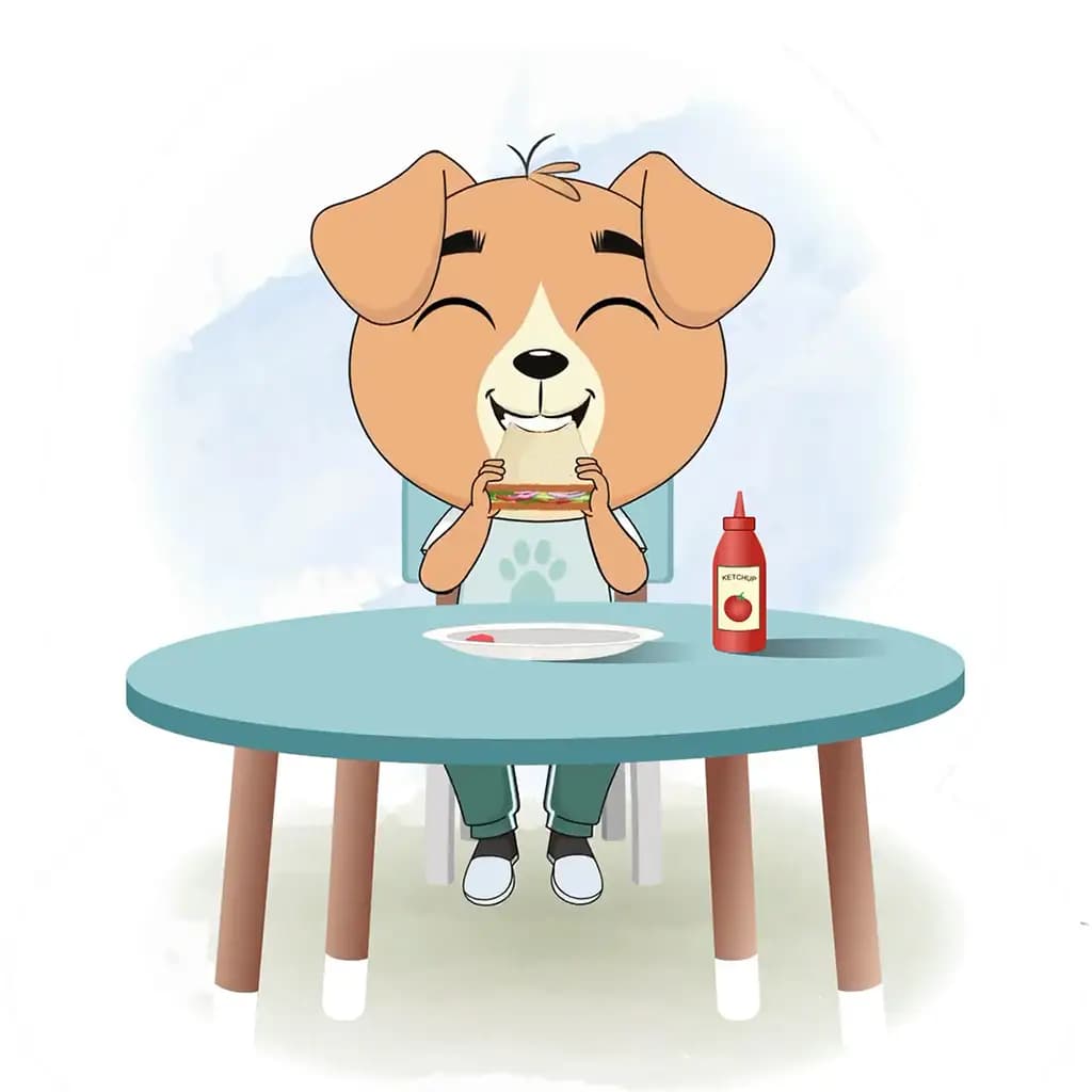 A dog animated cartoon character sitting at a table and eating a sandwich aka drag the dog