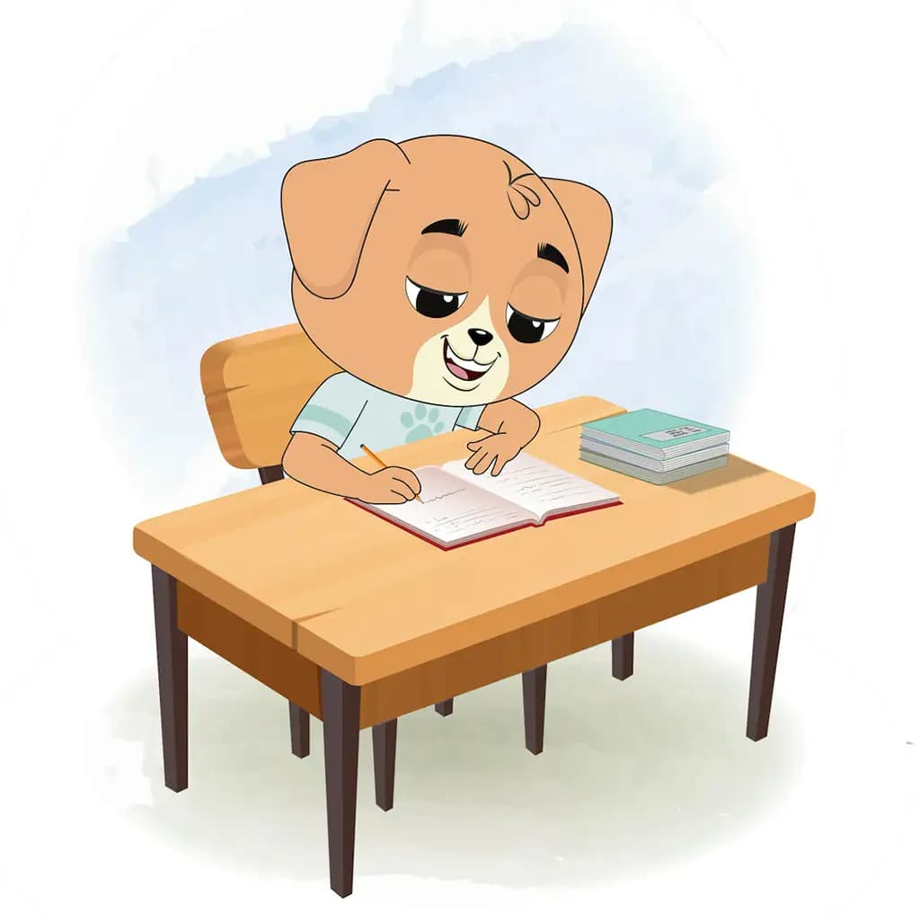 A dog doing homework and sitting on the table animated cartoon character aka drag the dog