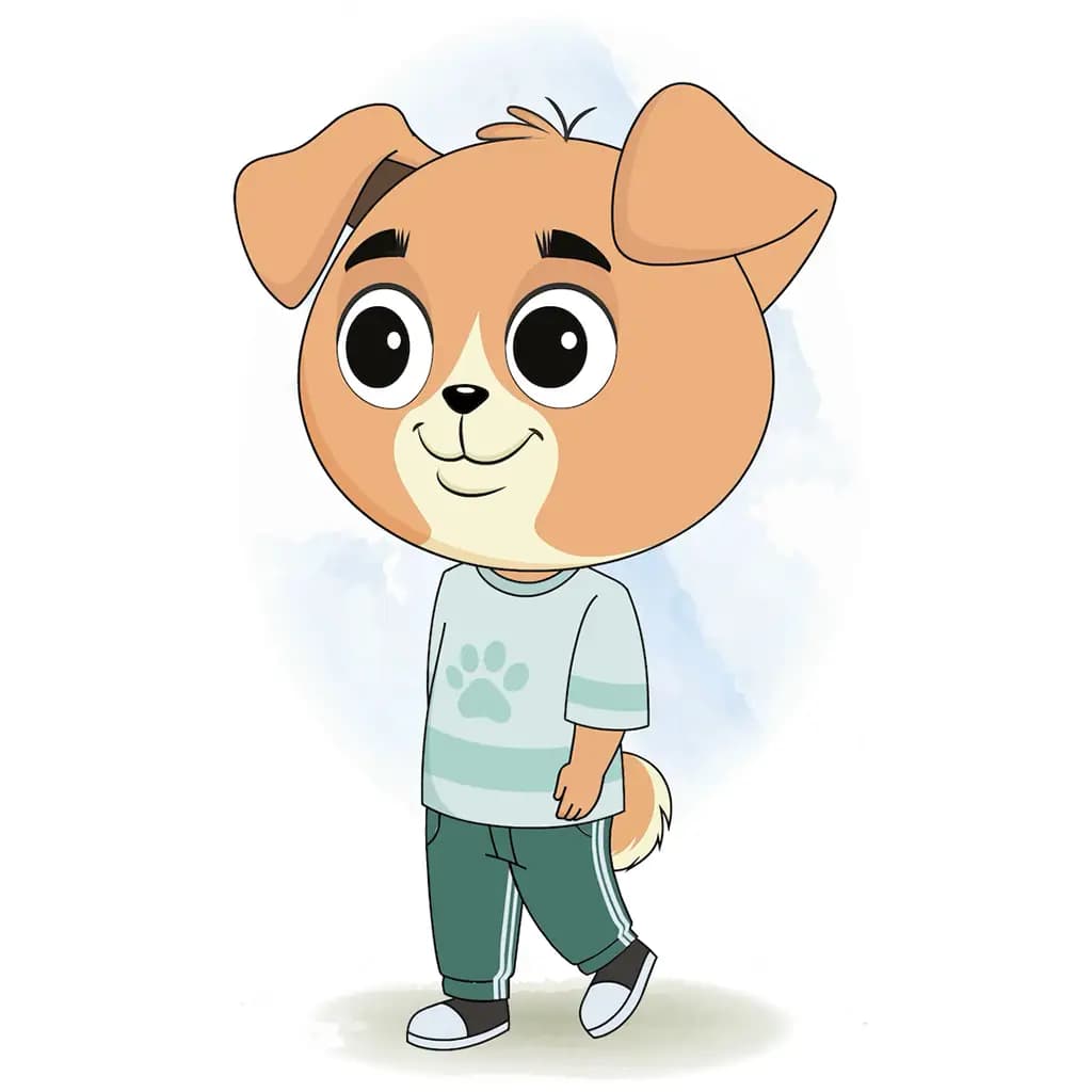 A dog 3/4 front view/three quarter view walking animated cartoon character aka drag the dog 3/4