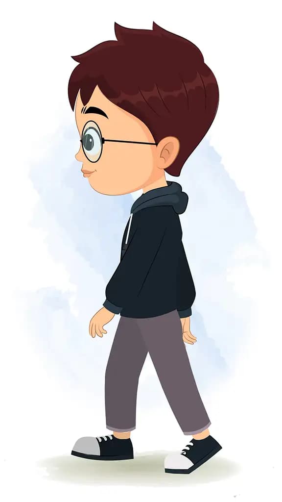 A little boy walking in side view animated cartoon character aka harry