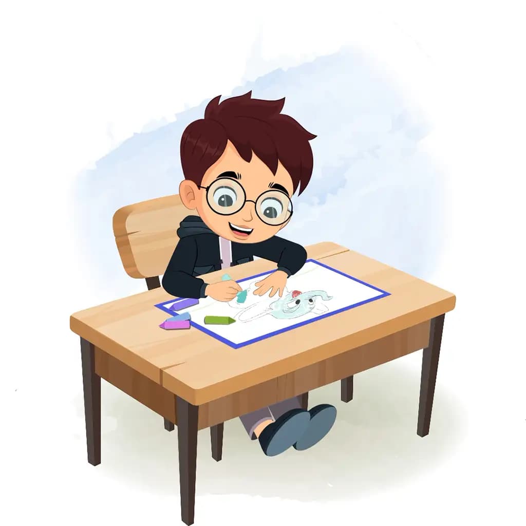 A little boy is sitting at a table with some crayons and coloring on the paper aka harry