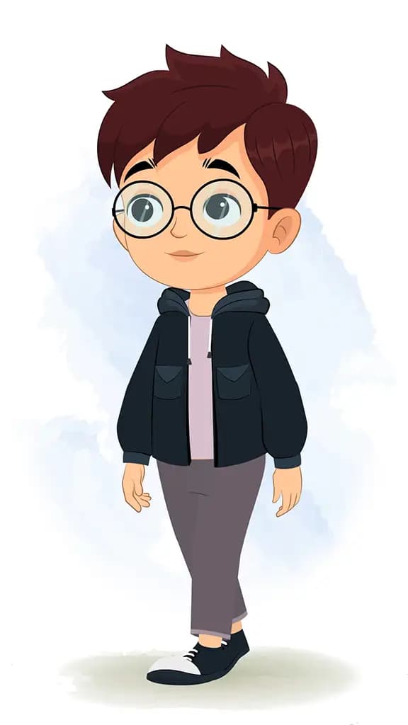 A little boy 3/4 front view/three quarter view walking animated cartoon character aka harry