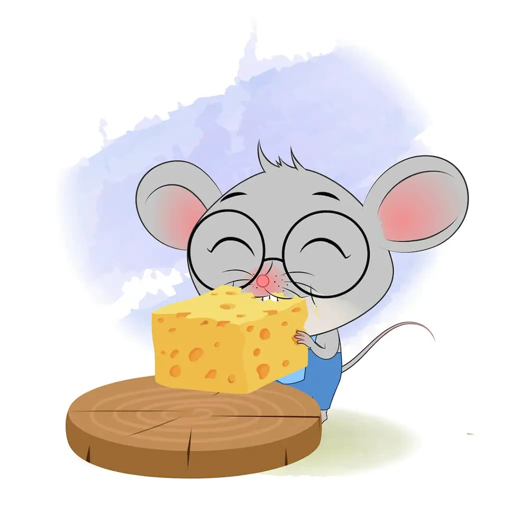 A cute mouse eating cheese animated cartoom character aka miles the mouse