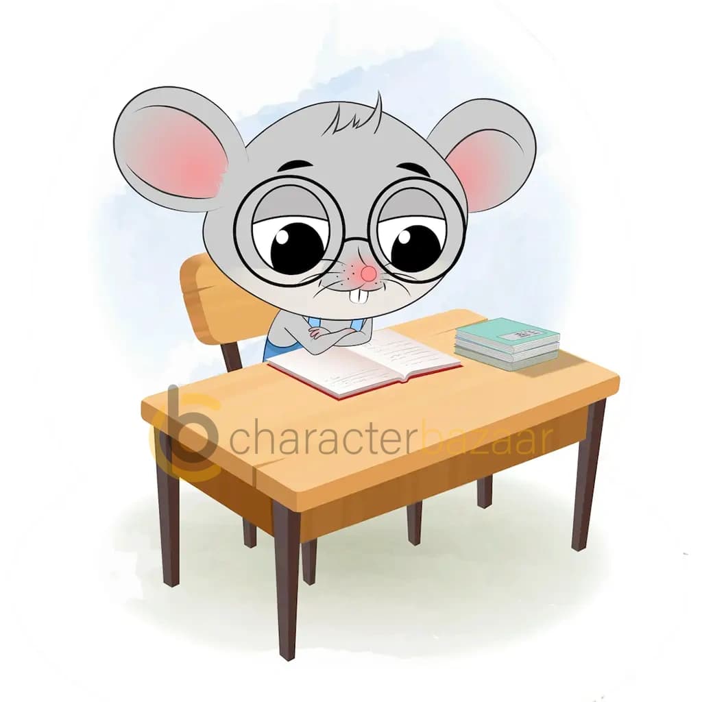 A cute mouse reading a book and sitting on the table animated cartoon character aka miles the mouse