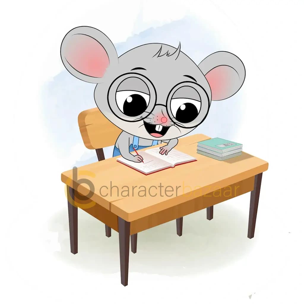 A cute mouse doing homework and sitting on the table animated cartoon character aka miles the mouse