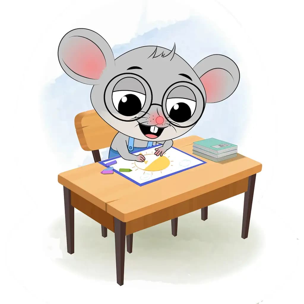 A cute mouse is sitting at a table with some crayons and colouring on the paper aka miles the mouse
