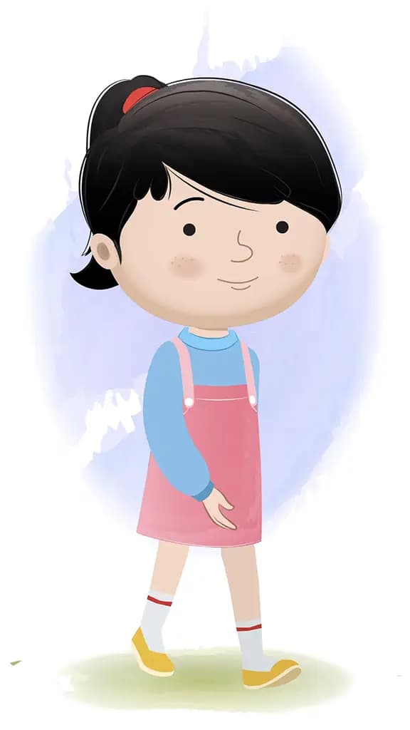 A girl  3/4 front view/three quarter view walking animated cartoon character aka claire