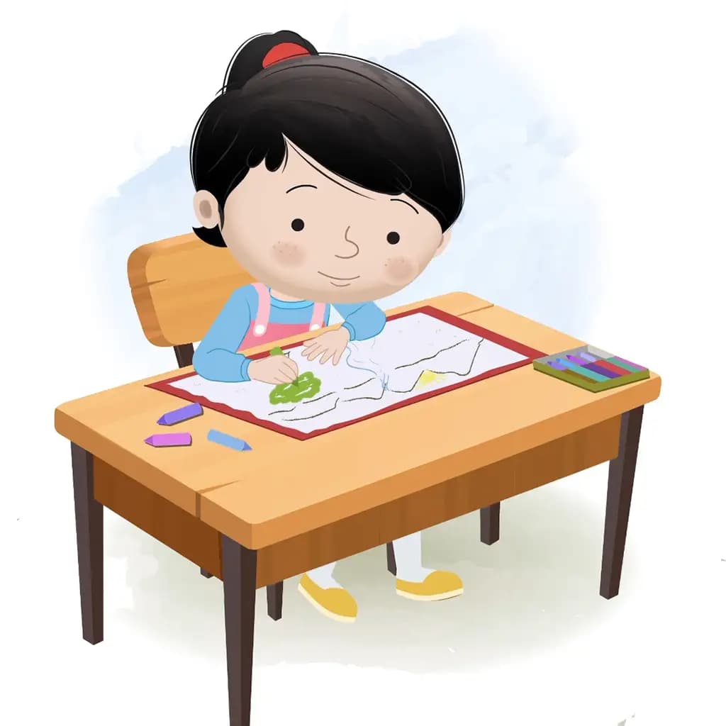 A girl is sitting at a table with some crayons and coloring on the paper aka claire