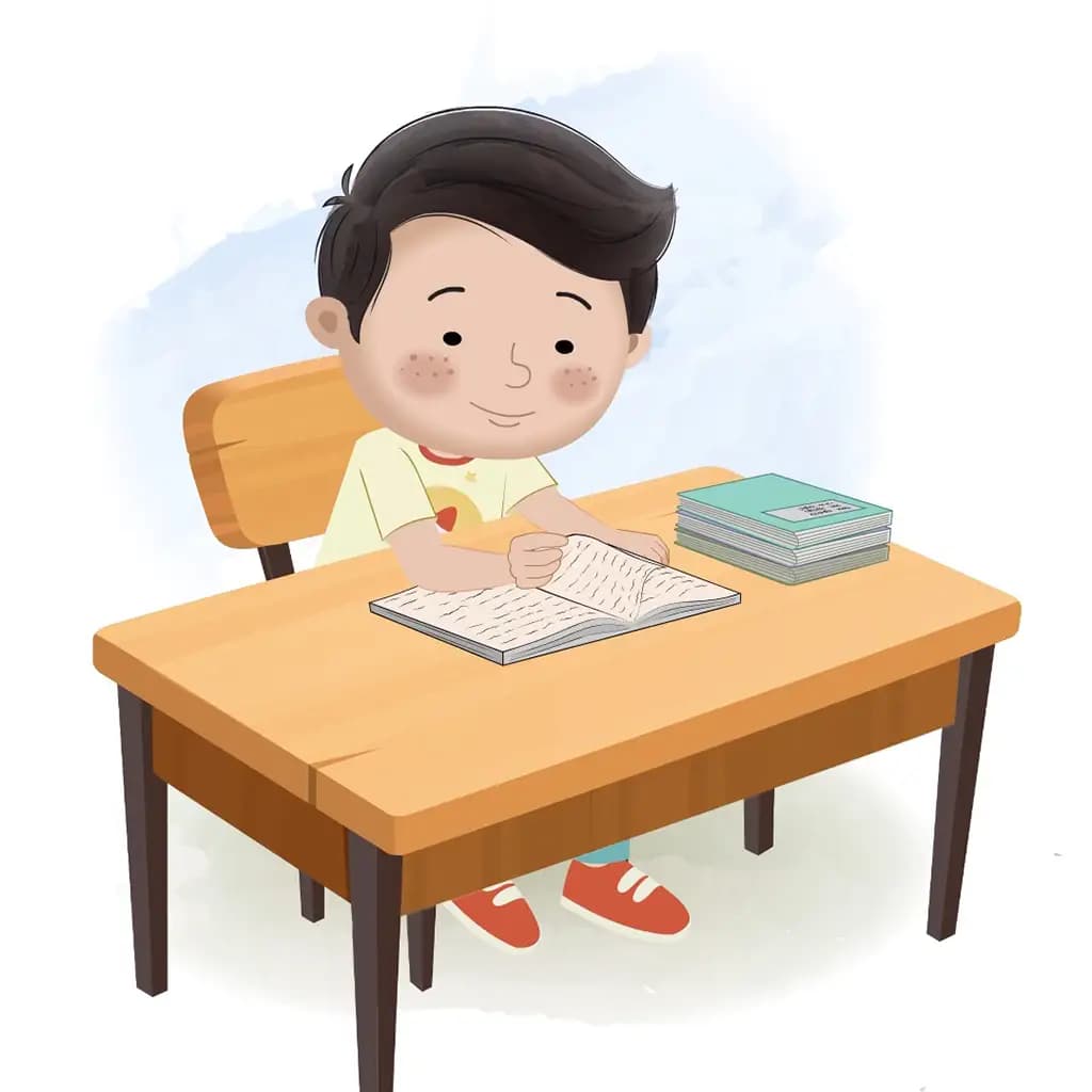 A little boy reading a book and sitting on the table animated cartoon character aka lucas