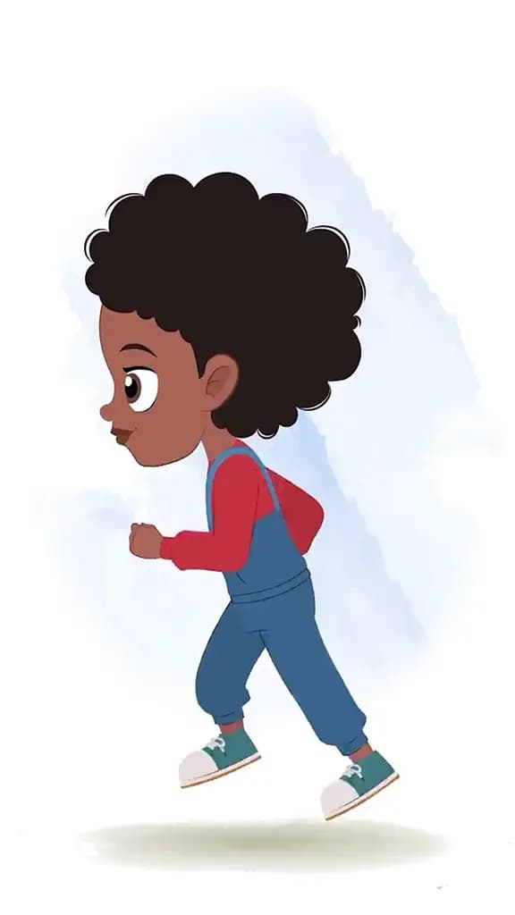 A cute black girl running fast side view animated cartoon character aka jenny