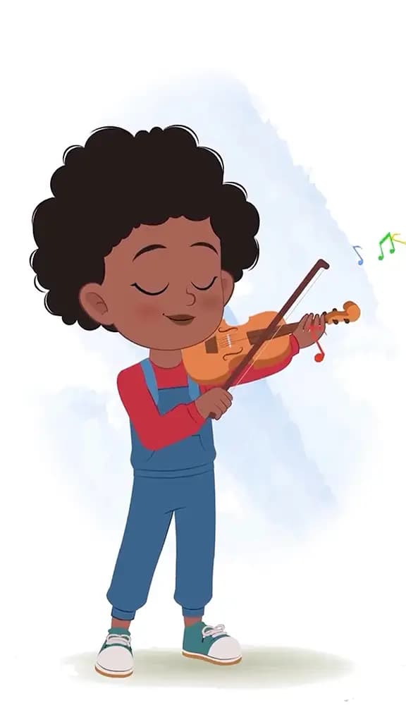 A cute black girl animated cartoon character playing violin musical instrument aka jenny