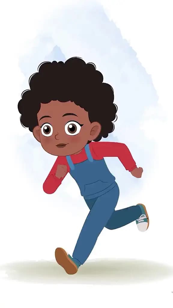 A cute black girl running three quarter view animated cartoon character aka jenny 3/4