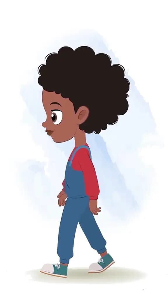 A cute black girl walking side view animated cartoon character aka jenny