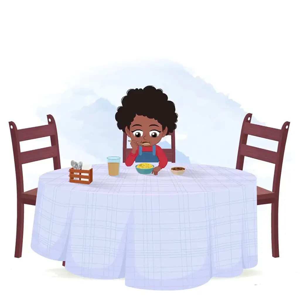 A cute black girl animated cartoon character eating breakfast aka jenny