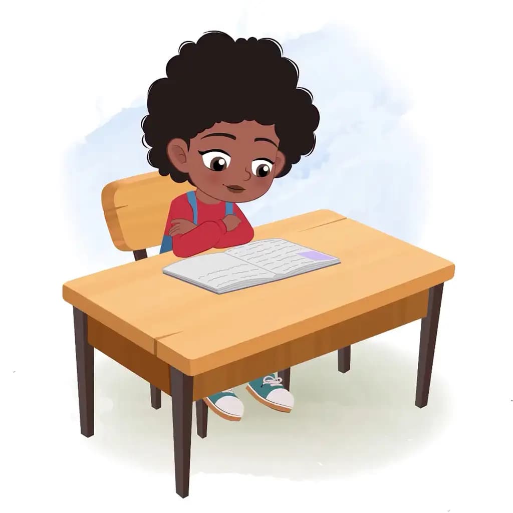 A cute black girl reading a book and sitting on the table animated cartoon character aka jenny