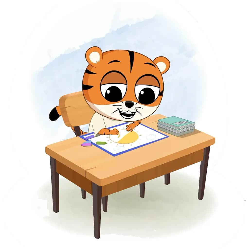 A tiger is sitting at a table with some crayons and colouring on the paper aka tyler the tiger