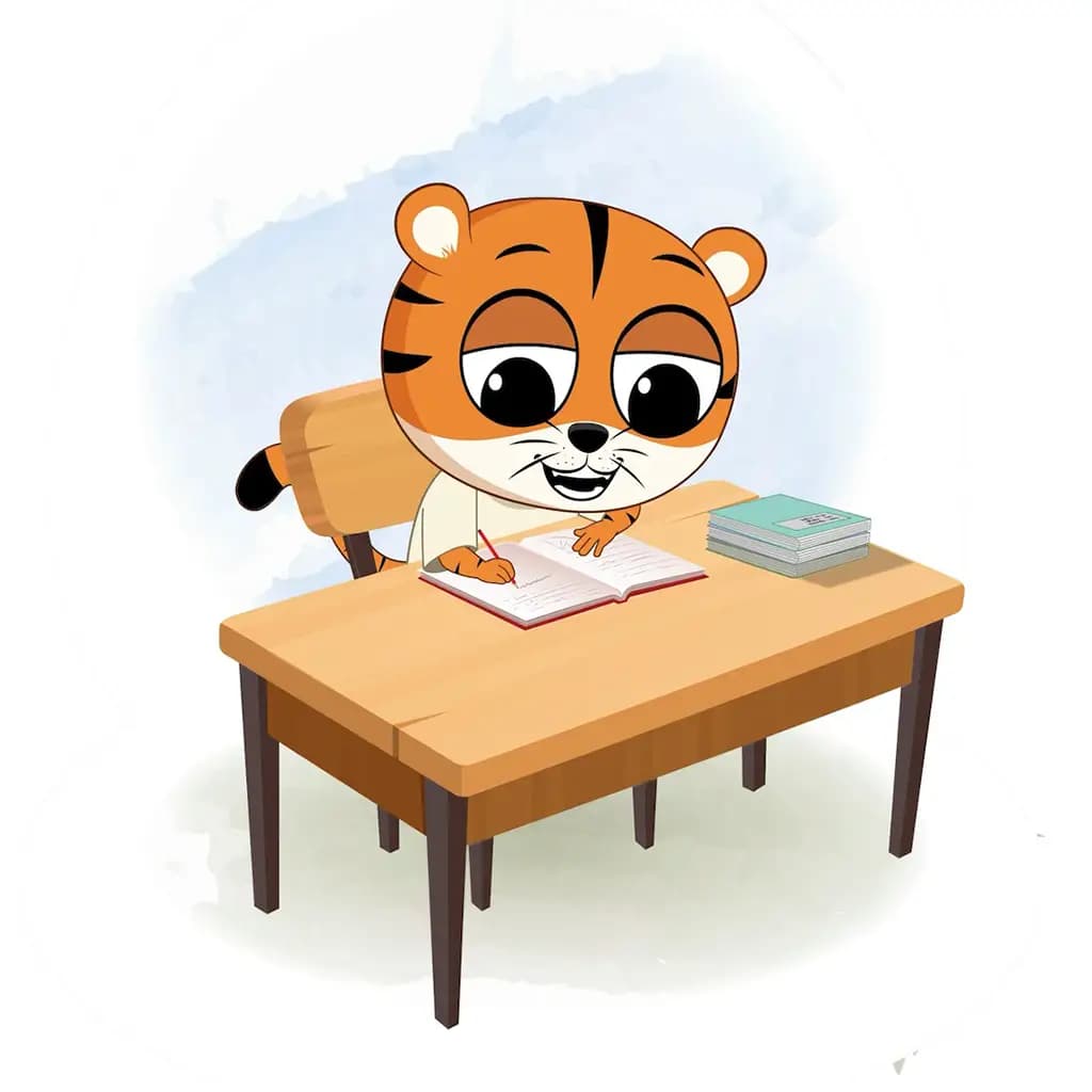 A tiger doing homework and sitting on the table animated cartoon character aka tyler the tiger