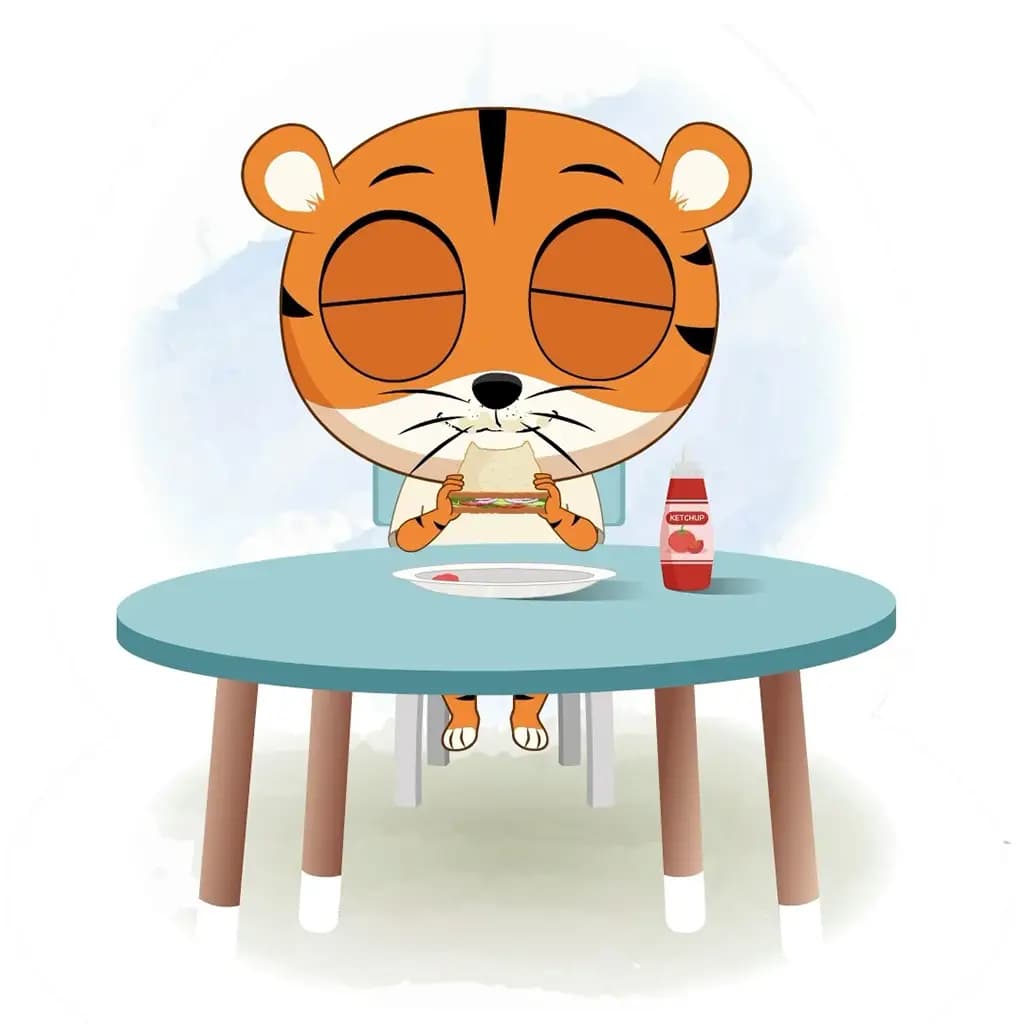 A tiger animated cartoon character sitting at a table and eating a sandwich aka tyler the tiger