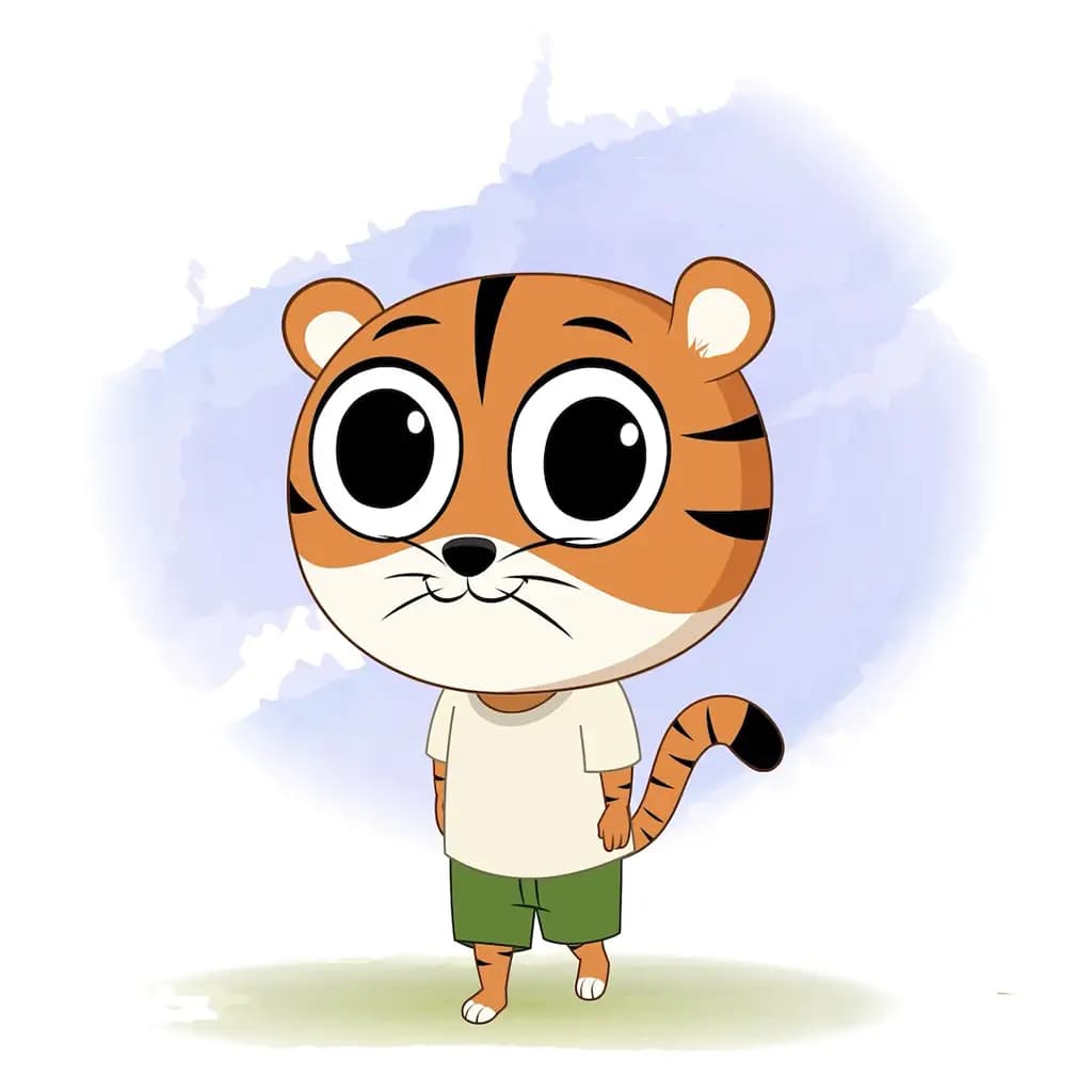 A tiger 3/4 front view/three quarter view walking animated cartoon character aka tyler the tiger