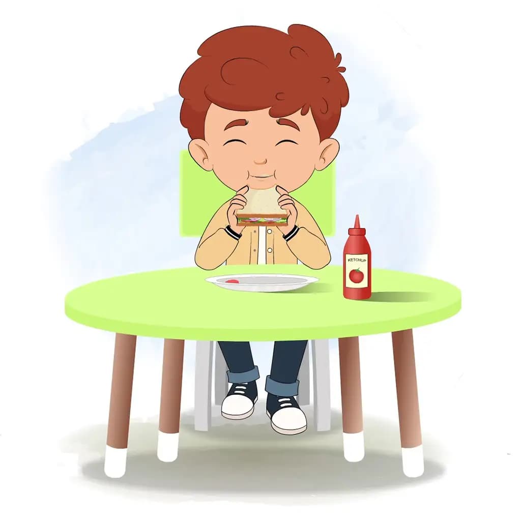 A red hair boy animated cartoon character sitting at a table and eating a sandwich aka sunny