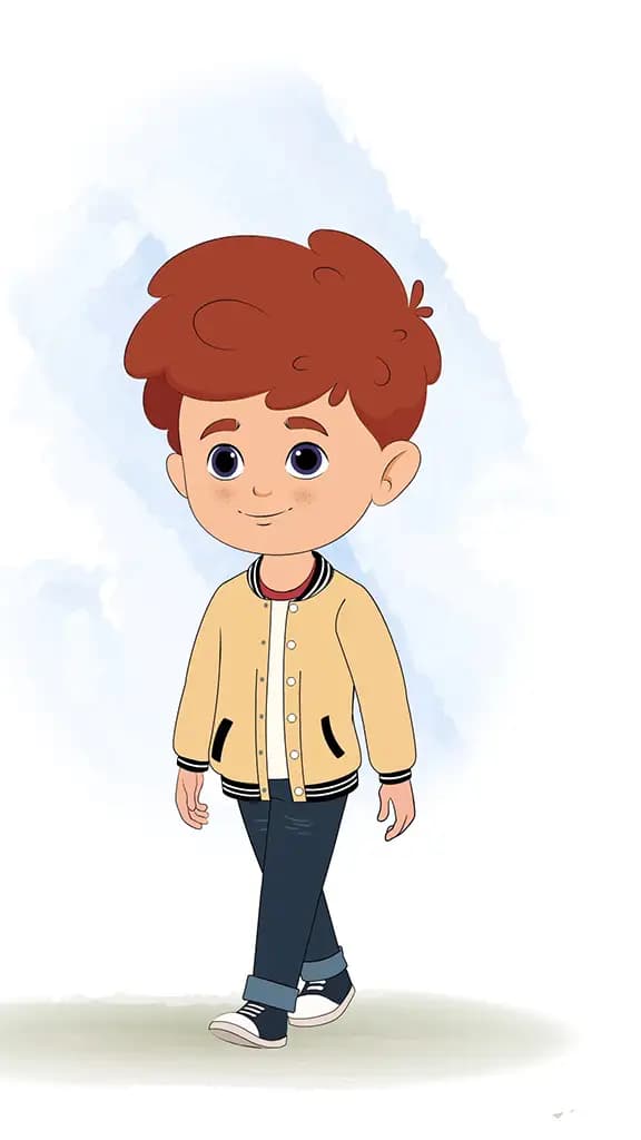 A red hair boy 3/4 front view/three quarter view walking animated cartoon character aka sunny