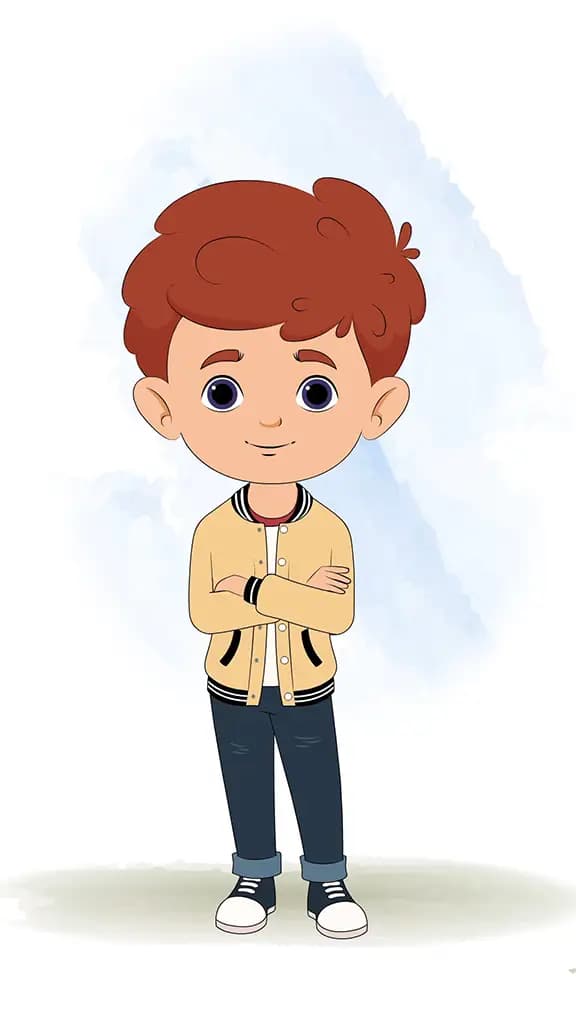 A red hair boy standing with cross hand and talking animated cartoon character aka sunny