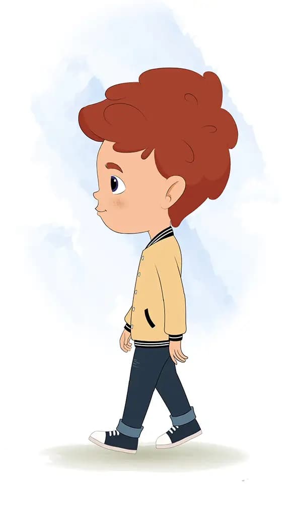 A red hair boy walking side view animated cartoon character aka sunny