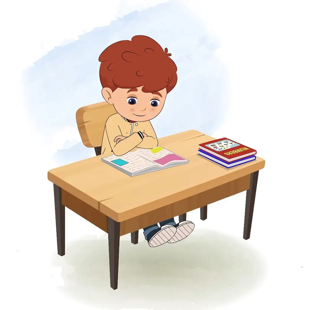 A red hair boy reading a book and sitting on the table animated cartoon character aka sunny