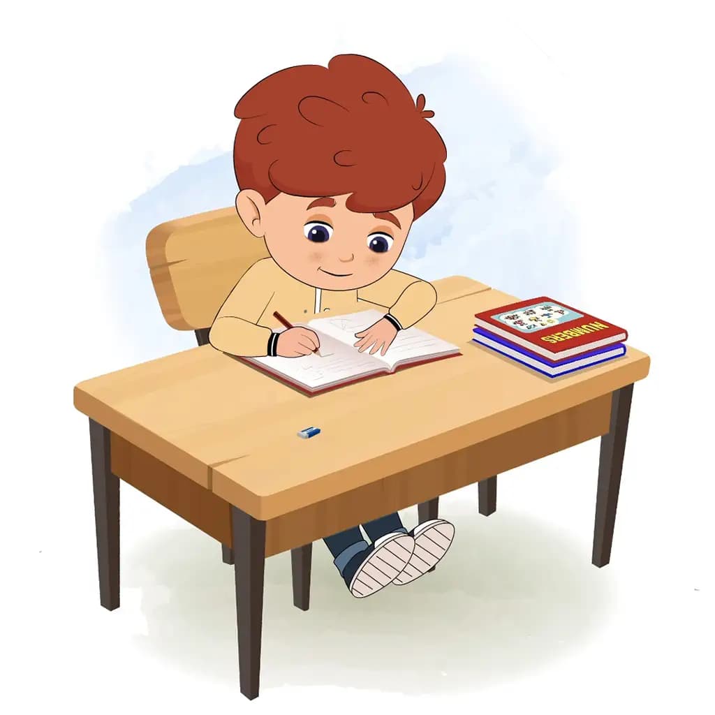 A red hair boy doing homework and sitting on the table animated cartoon character aka sunny