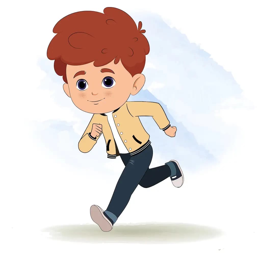 A red hair boy running three quarter view animated cartoon character aka sunny