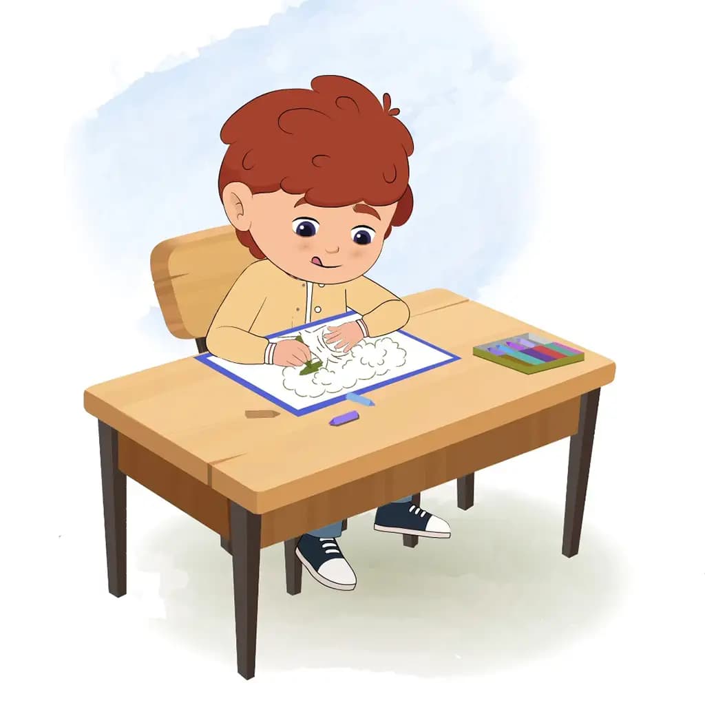 A red hair boy is sitting at a table with some crayons and colouring on the paper aka sunny