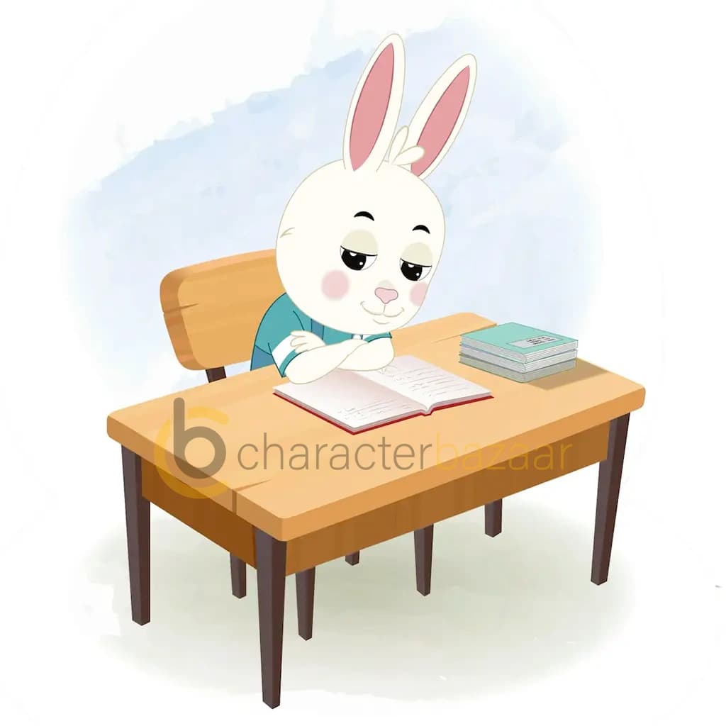 A rabbit reading a book and sitting on the table animated cartoon character aka bunny the rabbit