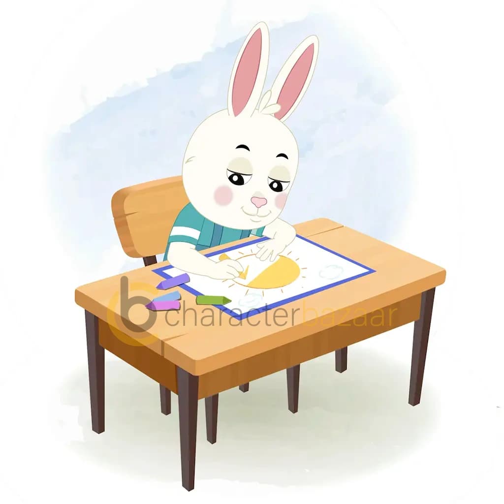 A rabbit is sitting at a table with some crayons and colouring on the paper aka bunny the rabbit