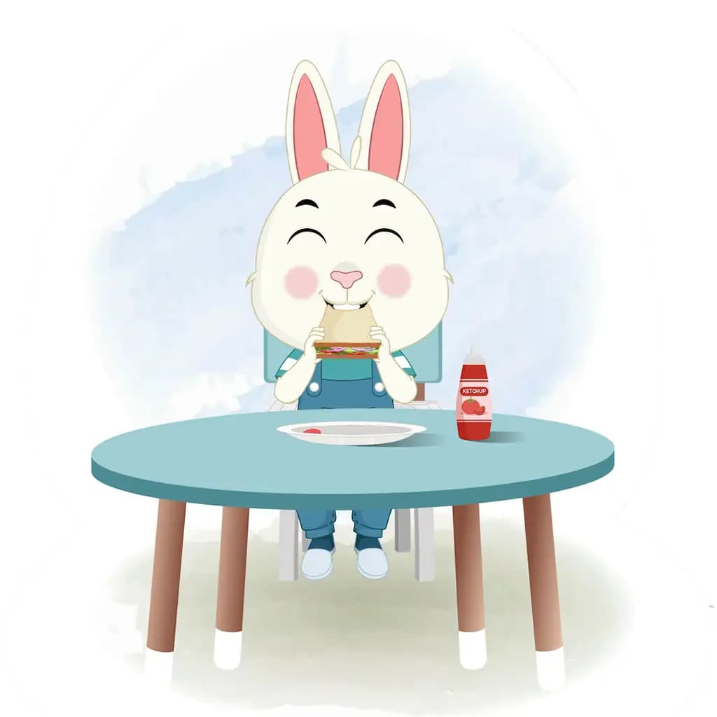 A rabbit animated cartoon character sitting at a table and eating a sandwich aka bunny the rabbit