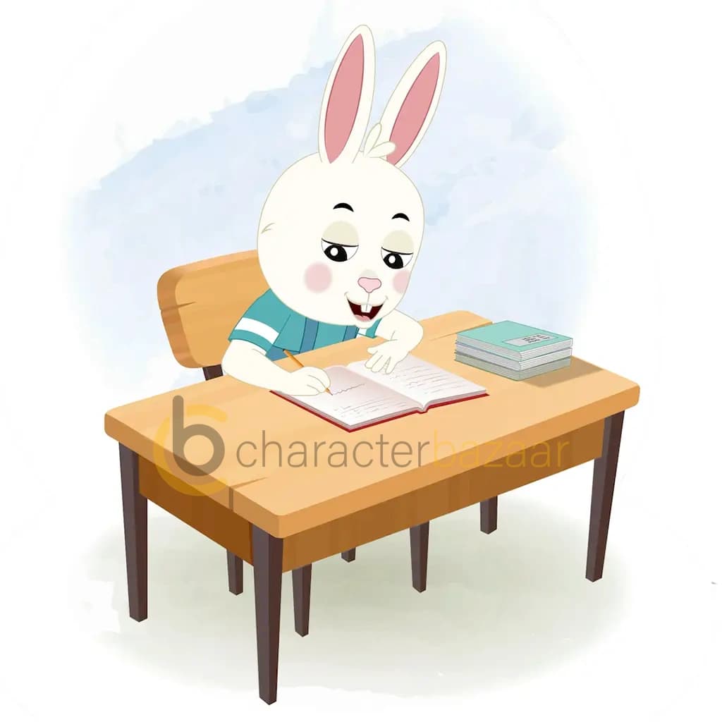 A rabbit doing homework and sitting on the table animated cartoon character aka bunny the rabbit