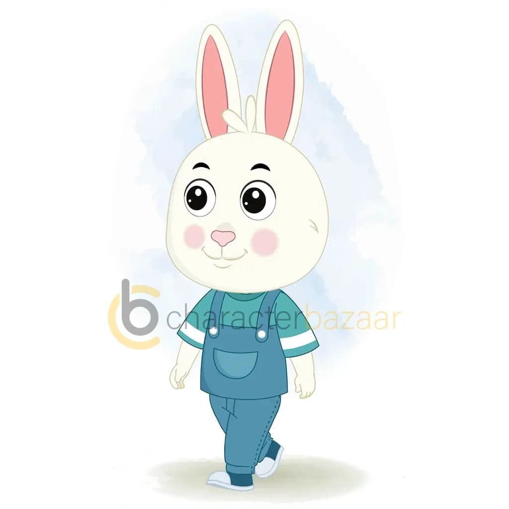 A rabbit 3/4 front view/three quarter bunny the rabbit,view walking animated cartoon character aka bunny the rabbit